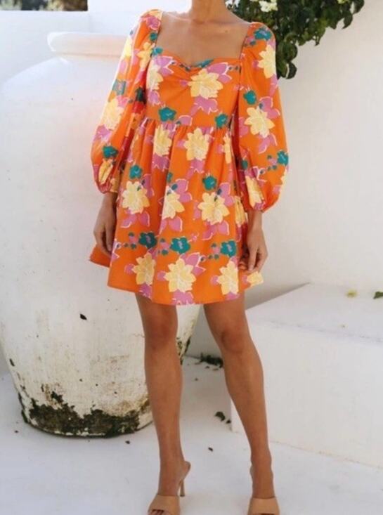 Altar'd State Dresses & Skirts - Altar'd State Minister Dress M Puff Sleeve Orange Floral Tropical Boho Pockets
